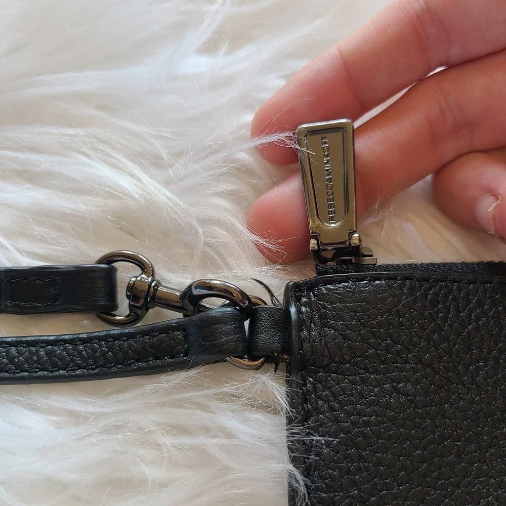 Rebecca Minkoff Pebbled Leather Black Zip Pouch Wristlet Wallet Smoked hardware